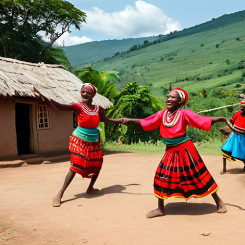 Home 11 **Image of Burundian traditional dancers performing a vibrant, rhythmic dance in a rural village setting. Focus on the colorful costumes and expressive movements, showcasing the joy and storytelling aspects of the dance. Background should subtly hint at the lush Burundian landscape.**