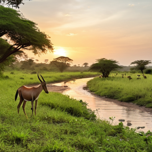 Home 6 **Lush African savanna landscape at sunset in Ruzizi National Park, Burundi. Herds of antelope graze peacefully near a riverbank where crocodiles bask, birds fly overhead.** (Focus: Biodiversity and scenic beauty)