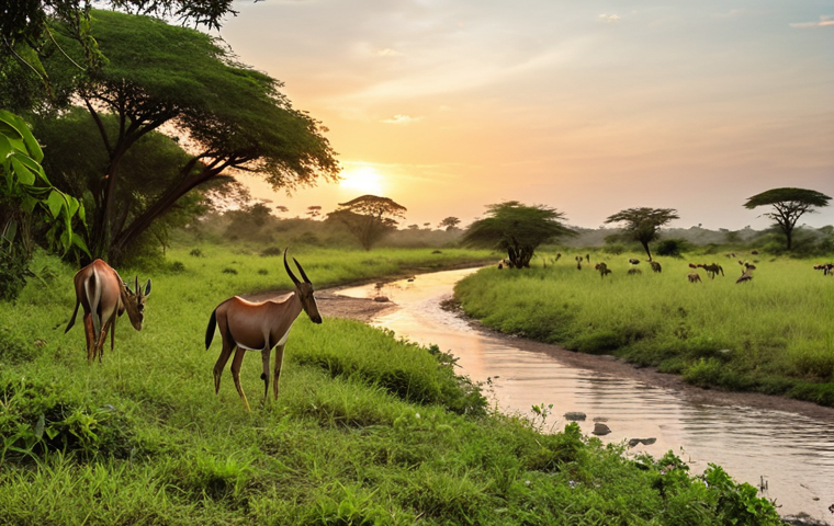 **Lush African savanna landscape at sunset in Ruzizi National Park, Burundi. Herds of antelope graze peacefully near a riverbank where crocodiles bask, birds fly overhead.** (Focus: Biodiversity and scenic beauty)