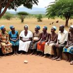 A compassionate and realistic depiction of grassroots reconciliation in a tranquil Burundian village. An wise elderly Burundian tribal elder and a resilient Burundian woman leader are seated together, conversing sincerely with a diverse group of community members of all ages gathered around them. The scene emanates trust-building and deep healing, with subtle visual cues of mending a torn social fabric through genuine dialogue and understanding. Warm, hopeful lighting illuminates the peaceful African landscape in the background, perhaps at dawn or dusk. The expressions convey empathy, listening, and quiet strength.