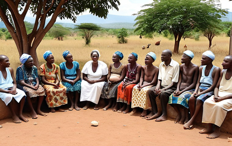 A compassionate and realistic depiction of grassroots reconciliation in a tranquil Burundian village. An wise elderly Burundian tribal elder and a resilient Burundian woman leader are seated together, conversing sincerely with a diverse group of community members of all ages gathered around them. The scene emanates trust-building and deep healing, with subtle visual cues of mending a torn social fabric through genuine dialogue and understanding. Warm, hopeful lighting illuminates the peaceful African landscape in the background, perhaps at dawn or dusk. The expressions convey empathy, listening, and quiet strength.