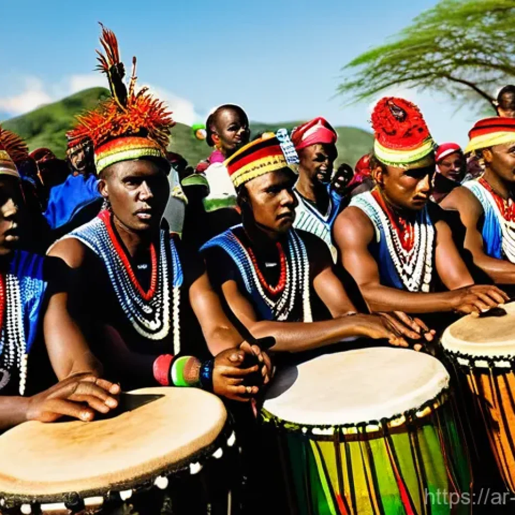 부룬디와 탄자니아의 문화 차이 - **Burundian Royal Drummers' Performance:**
A vibrant, dynamic scene of a group of young Burundia...