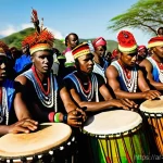 부룬디와 탄자니아의 문화 차이 - **Burundian Royal Drummers' Performance:**
A vibrant, dynamic scene of a group of young Burundia...
