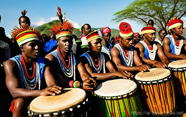 부룬디와 탄자니아의 문화 차이 - **Burundian Royal Drummers' Performance:**
A vibrant, dynamic scene of a group of young Burundia...