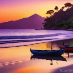 부룬디 수도 부줌부라 - **Prompt:** A picturesque, serene golden sand beach on the shores of a vast, calm freshwater lake at...