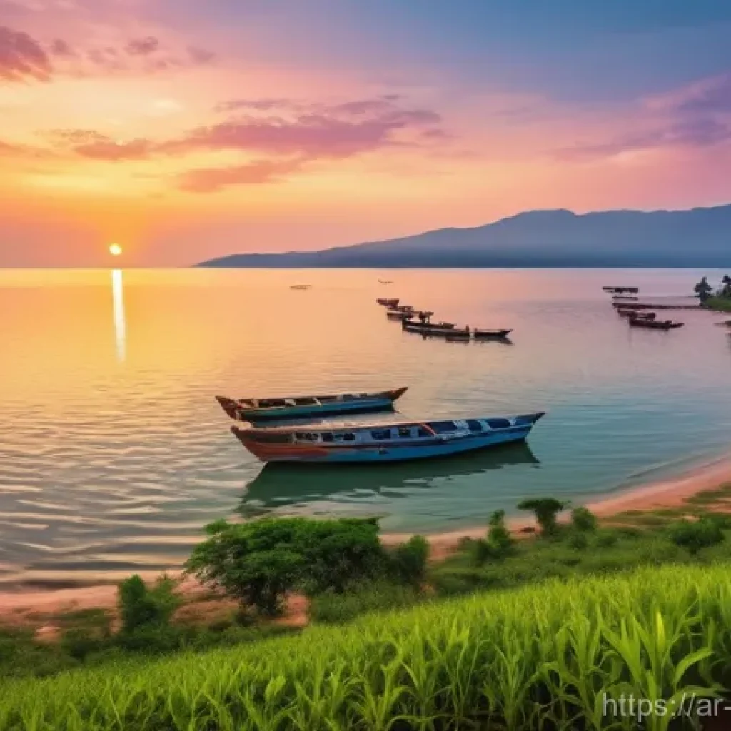 부룬디 여행 팁 - **Prompt:** A picturesque aerial view of Lake Tanganyika at sunset. The vast, calm blue-green waters...