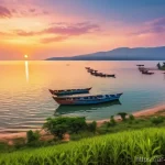 부룬디 여행 팁 - **Prompt:** A picturesque aerial view of Lake Tanganyika at sunset. The vast, calm blue-green waters...