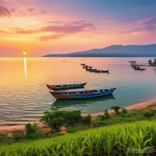 Home 28 부룬디 여행 팁 - **Prompt:** A picturesque aerial view of Lake Tanganyika at sunset. The vast, calm blue-green waters...