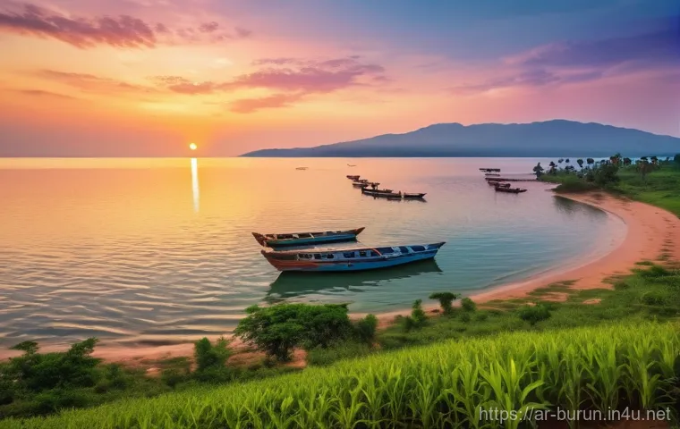 부룬디 여행 팁 - **Prompt:** A picturesque aerial view of Lake Tanganyika at sunset. The vast, calm blue-green waters...
