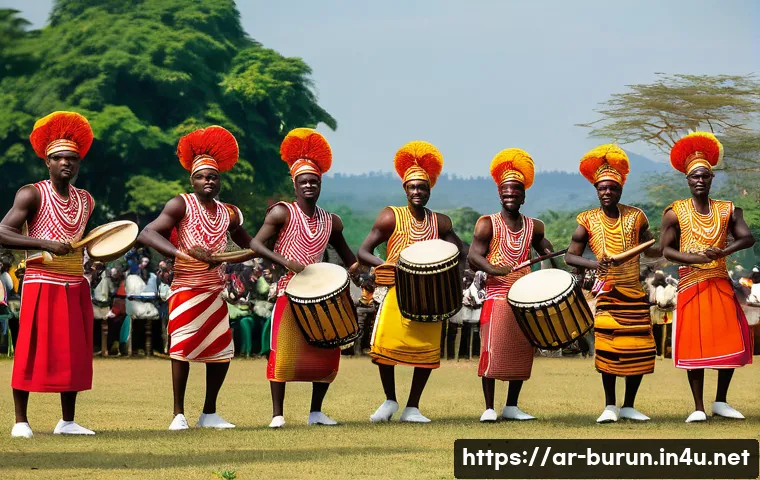 부룬디와 르완다의 문화 비교 - The Royal Drummers of Burundi in Performance:**
A vibrant and dynamic outdoor scene featuring the re...