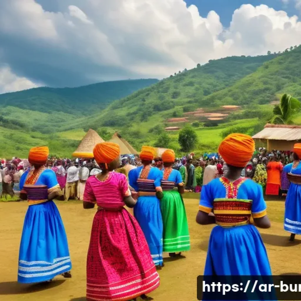 부룬디 여행 준비 - A vibrant traditional Burundian festival scene featuring men and women in colorful, modest attire da...