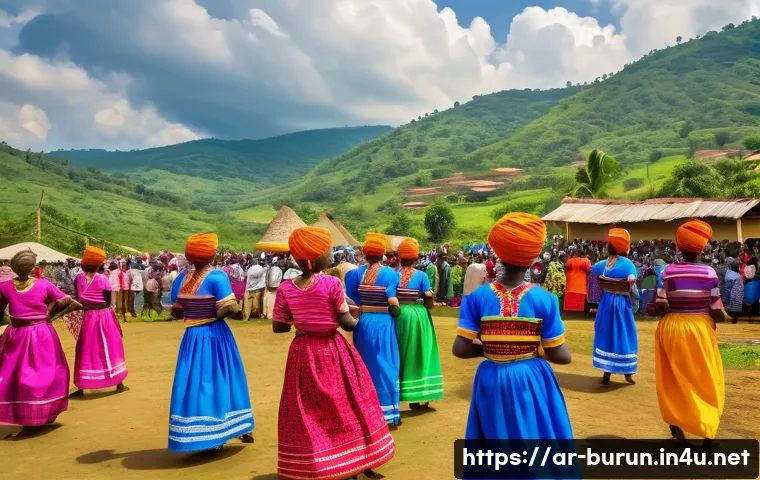 부룬디 여행 준비 - A vibrant traditional Burundian festival scene featuring men and women in colorful, modest attire da...