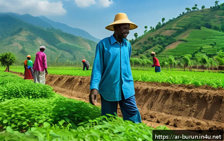 부룬디 정부의 환경 정책 - A vibrant reforestation scene in rural Burundi featuring local communities planting drought-resistan...