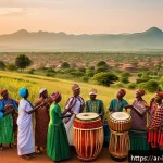 부룬디 민속 음악 - A vibrant traditional Burundian music festival scene at sunset, featuring a group of musicians playi...
