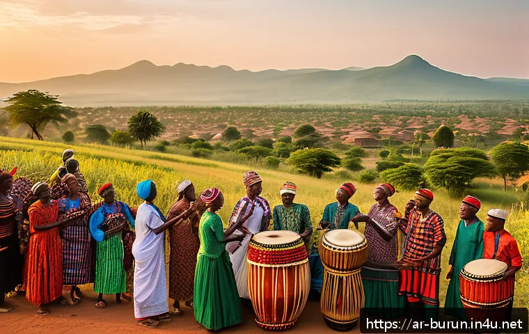 부룬디 민속 음악 - A vibrant traditional Burundian music festival scene at sunset, featuring a group of musicians playi...