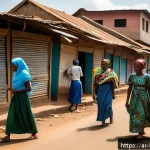부룬디 사회 이슈 - A detailed scene depicting a bustling urban neighborhood in Burundi affected by political conflicts:...