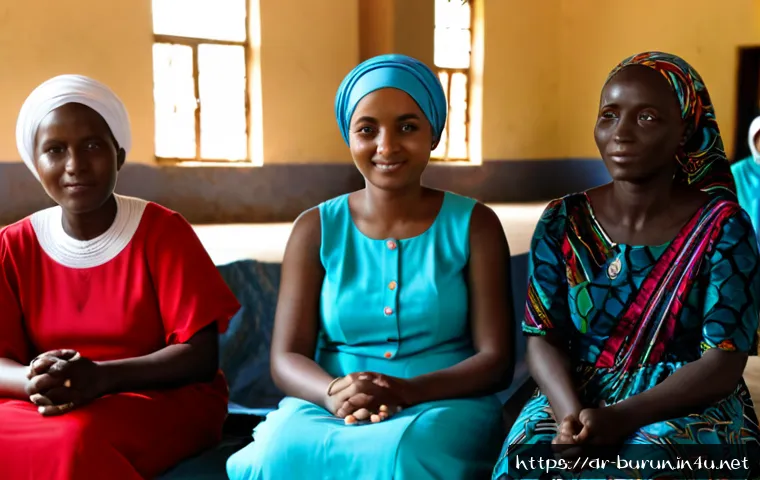 부룬디 여성 권리 운동 - Photorealistic documentary-style scene of Burundian women’s rights advocates gathered in a bright co...