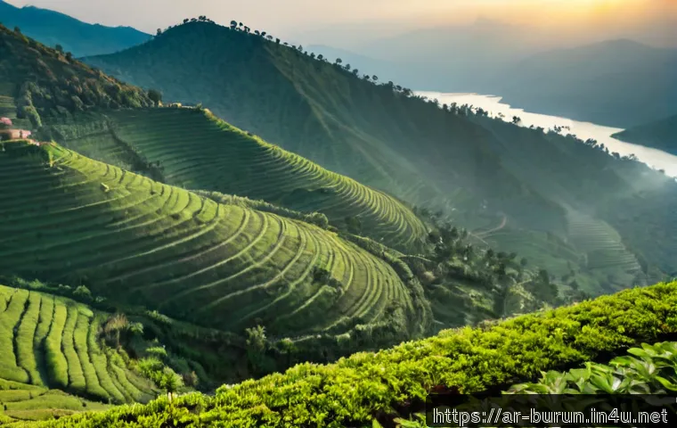 부룬디의 지역 간 기후 차이 - Photorealistic split-scene landscape of Burundi’s regional climate contrast: cool misty green highla...
